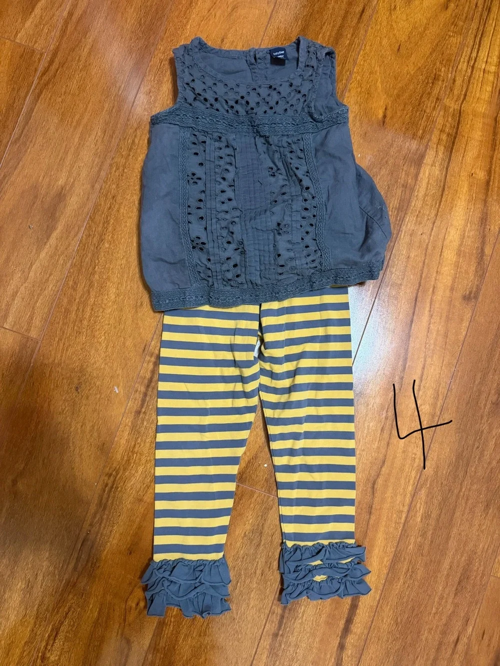 Old Navy Gray Eyelet Top with Matilda Jane Yellow & Gray Striped Ruffle Leggings